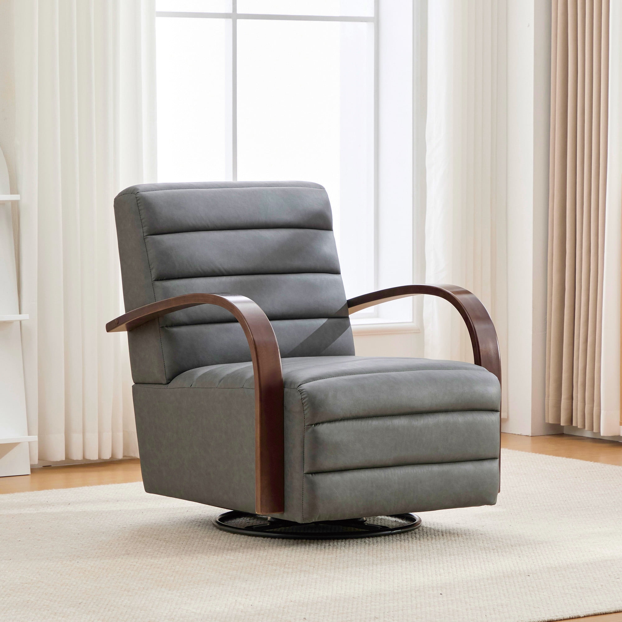 360-Degree Swivel Accent Chair with Solid Wood Armrests and Channel Tufted Backrest, Upholstered Lounge Reading Chair and Vanity Seat for Living Room, Gray
