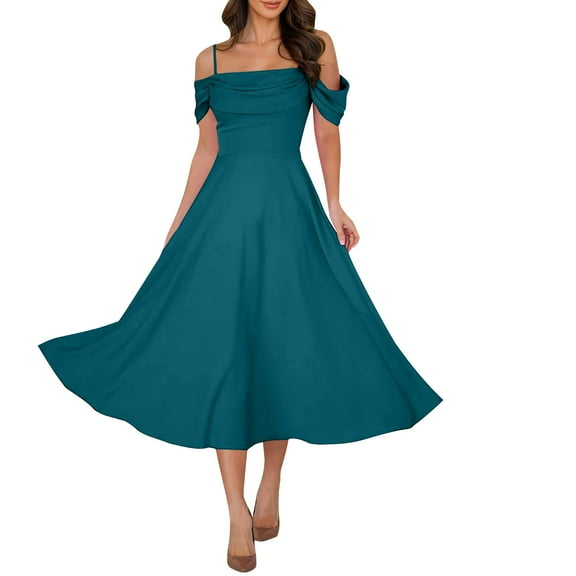 Oplxuo Women's Summer Off Shoulder Midi Dress Smocked Waist Cap Sleeve Flowy Sundresses for Women Cozy Evening Party Wear Dress