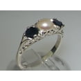 thumbnail image 2 of LBG British Made Luxury Solid 10K White Gold Natural Sapphire and Cultured Pearl Trilogy Ring, 2 of 7