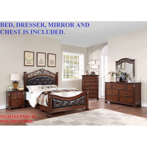 Royal Gorgeous Traditional Cal King Size Bed Dresser Mirror Chest Wooden Brown Finish 4p Set Bedroom Furniture Tufted Headboard