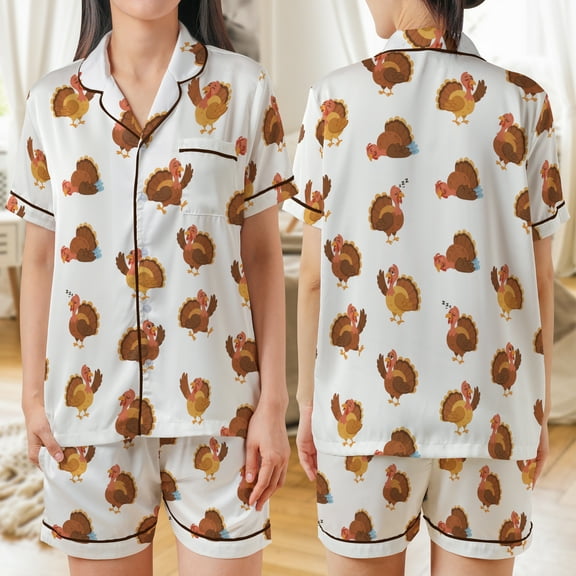 Lotusprinthandmade Funny Thanksgiving Turkey All-over Print Satin Short-Sleeve Pajamas Set (S), funny fall pajama set