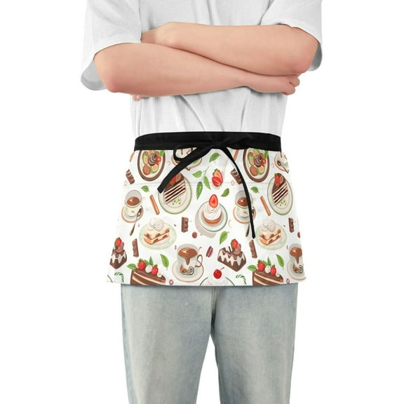 Coffee Tea Pots Cups Leaves Server Apron with 3 Pockets Waterproof Waitress Waist Short Apron for Man Woman 12 Inches