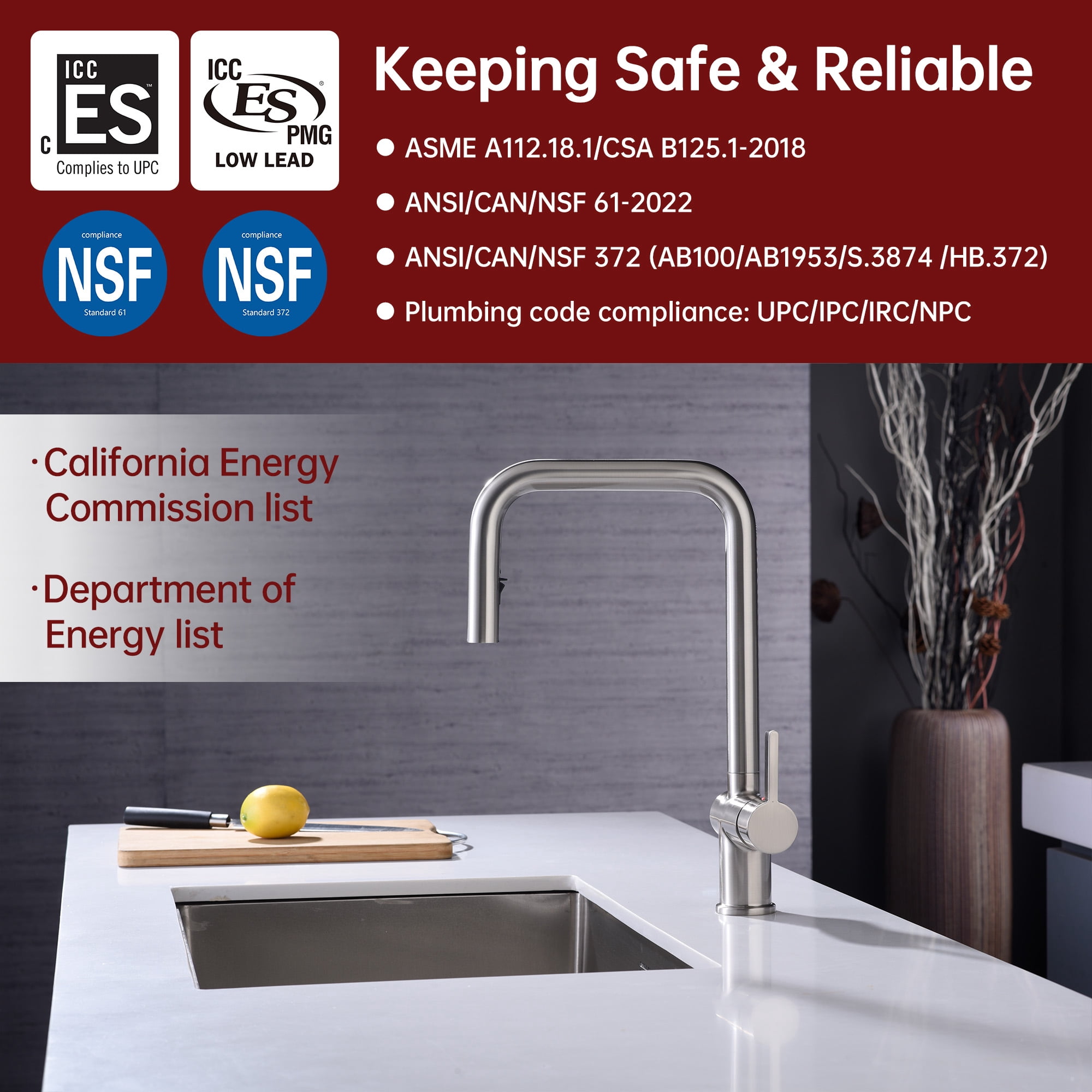 SUMERAIN 304 Stainless Steel Lead Free Kitchen Faucet in Brushed Nickel, Kitchen Sink Faucet with Pull Down Sprayer