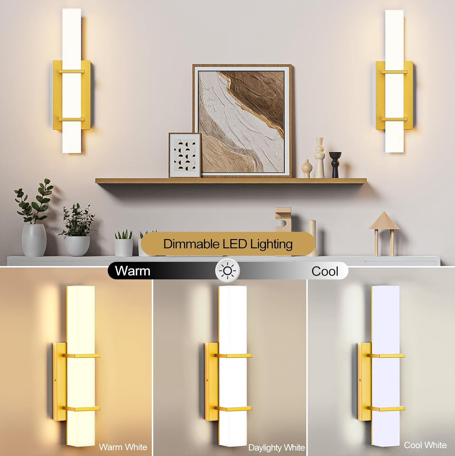 2-Pack Modern LED Wall Sconce Light Fixture, 17.6 in. Dimmable Gold Hardwired Bathroom Vanity Lights (Set of 2), Up/Down Acrylic Wall Lighting for Mirror, Hallway, Living Room Accent Decor