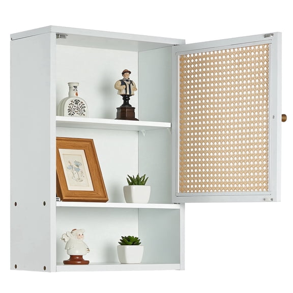 Garvee Bathroom Wall Cabinet, Bamboo Over-The-Toilet Storage Organizer with Rattan Doors and Adjustable Shelf, Space Saver Medicine Cabinet for Laundry, Kitchen, Living Room and Home Office White