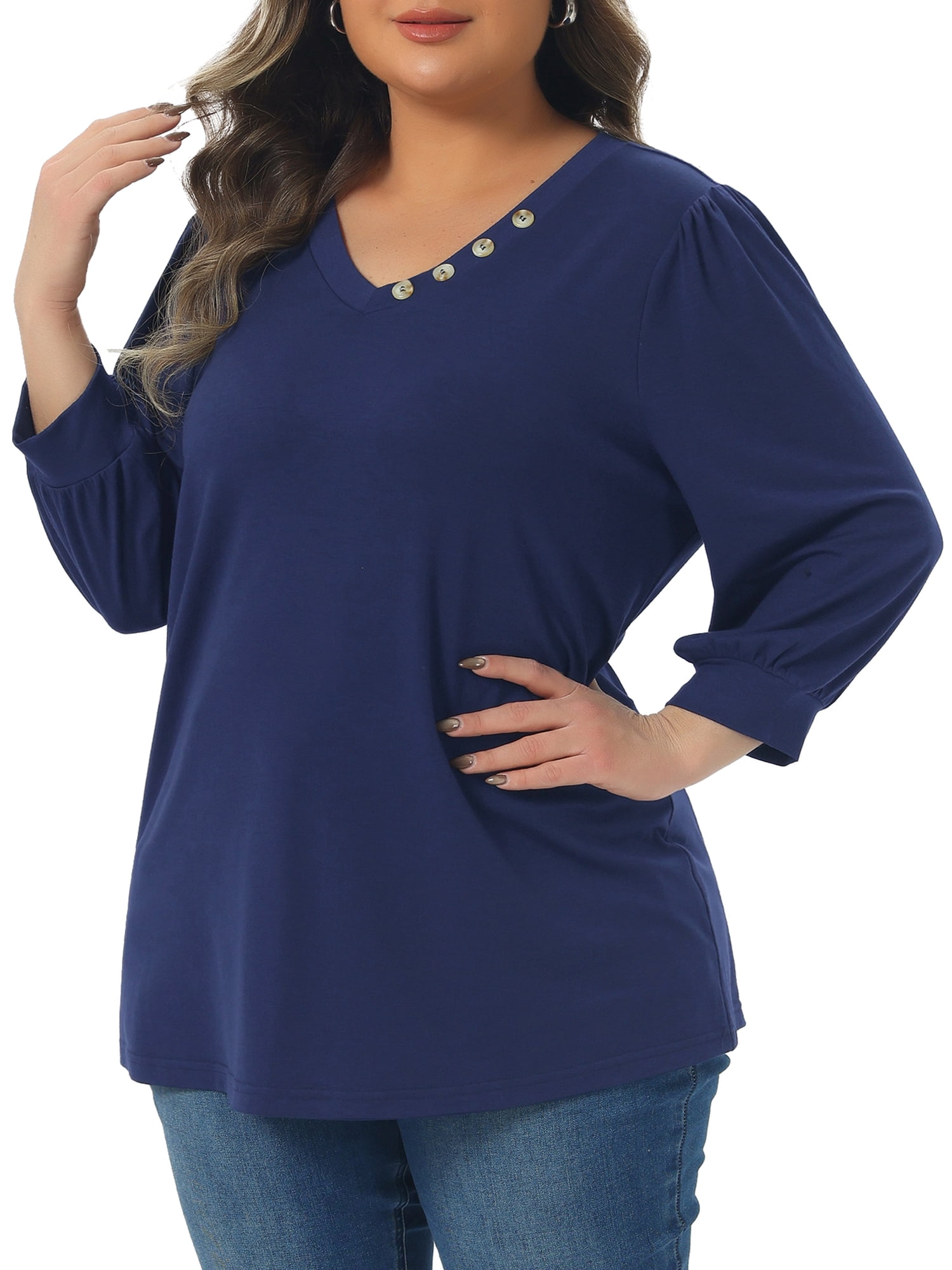 DARING DIVA Women's Plus Top 3/4 Sleeve V Neck Button Decor Casual Shirts 1X Navy Blue