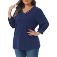 thumbnail image 2 of DARING DIVA Women's Plus Top 3/4 Sleeve V Neck Button Decor Casual Shirts 3X Navy Blue, 2 of 6