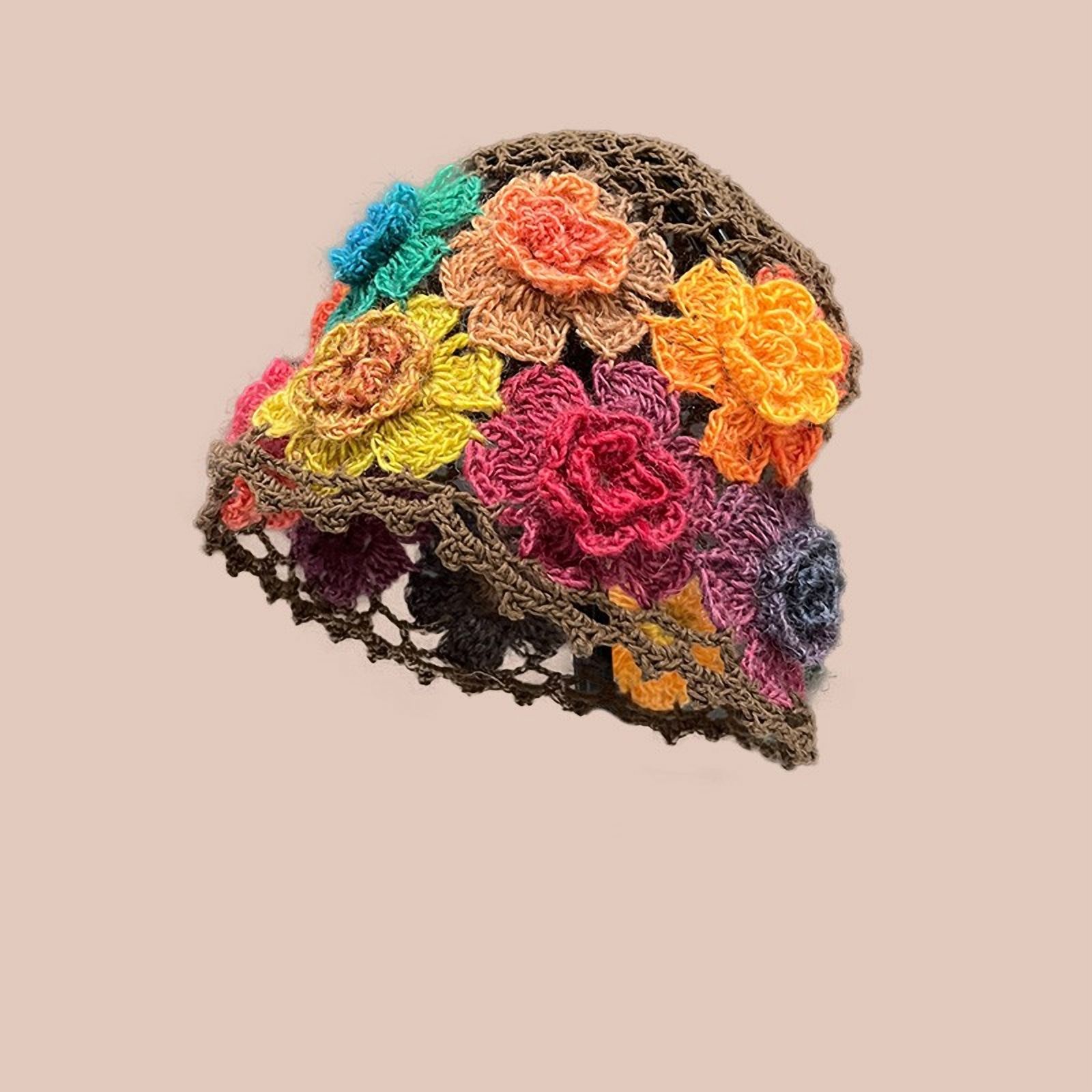 5459 Women Crochet Beanie Hat Handmade Girls Cotton Knit Cutout Floral Skull Vorkoi Crochet Slouchy Beanie Hat, Lightweight Cotton Knit  main image 3