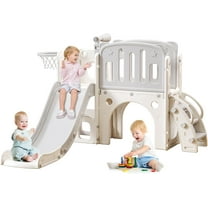 8 in 1 Toddler Slide for Toddlers Age 1-3, Extra-Long Slide with Basketball Hoop Indoor and Outdoor Baby Climber Playset Playground Freestanding Slide