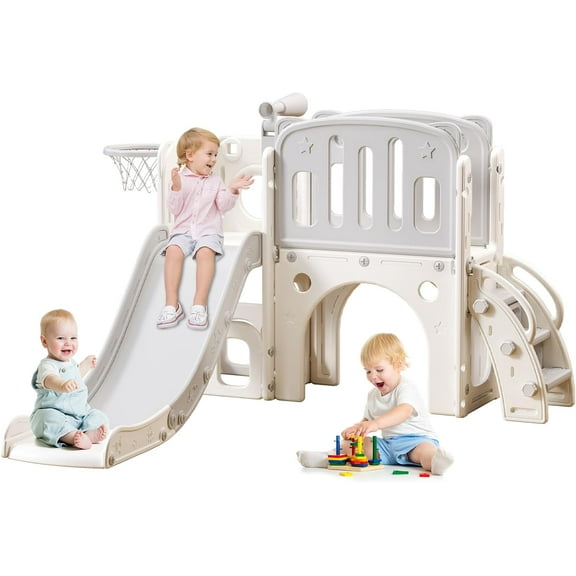 8 in 1 Toddler Slide for Toddlers Age 1-3, Extra-Long Slide with Basketball Hoop Indoor and Outdoor Baby Climber Playset Playground Freestanding Slide