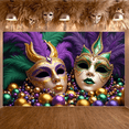 thumbnail image 5 of Gold Accent Mardi Gras Mask Banner Purple Feather Masquerade Display Green Plume Beaded Decoration Carnival Backdrop for Mardi Gras Party Masquerade Ball Carnival Celebration, 5 of 9