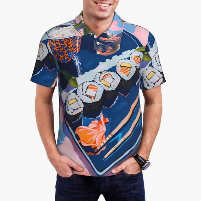 Fotbe Colorful Sushi Food Art Camiseta Polo de Golf para Hombre con Estampado – Camisa Deportiva Transpirable con Cuello Abotonado-Large