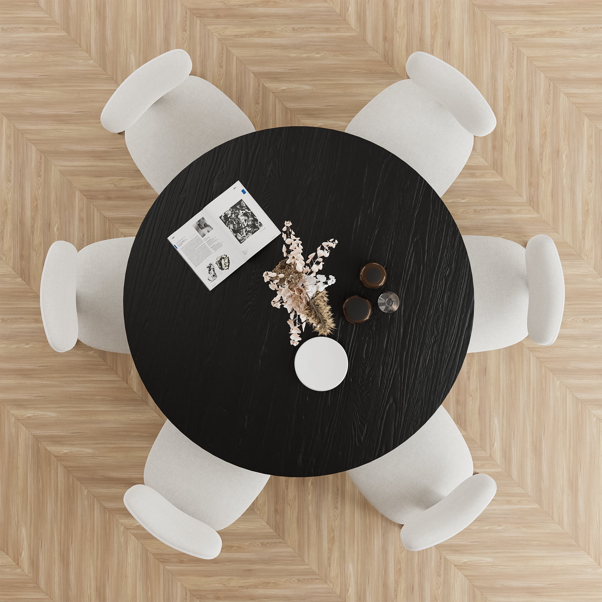 52" Round Dining Table Oak Wood Kitchen Table,Black