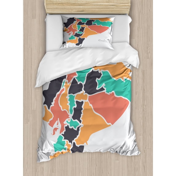 Ecuador Duvet Cover Set Twin Size, Colorful Political Map with Cartographic Cities Modernistic Round Shape Print, Decorative 2 Piece Bedding Set with 1 Pillow Sham, Multicolor, by Ambesonne