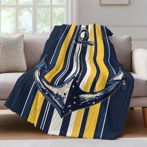 Nautical Anchor Fleece Throw Blanket for Couch, Navy Blue Yellow Striped Farmhouse Ombre Microfiber Flannel Blanket for All Season, Lightweight Soft Throw Blankets for Bedroom, Living Room, 60"x80"