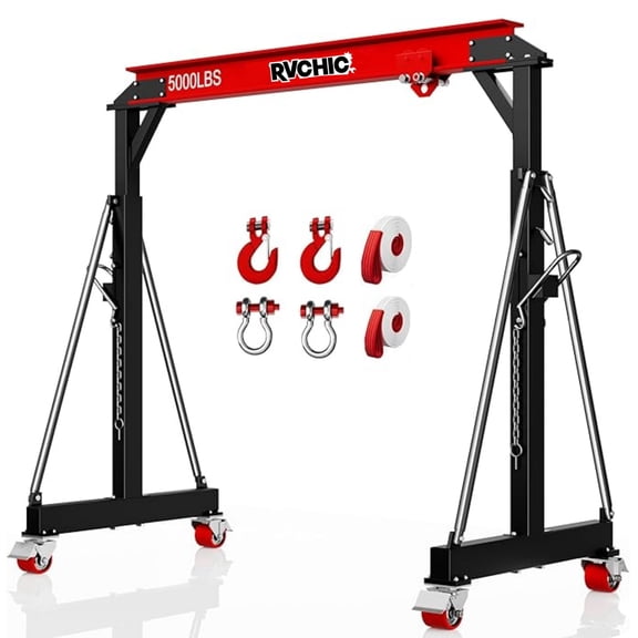 Rvchic 2 Ton Capacity Adjustable Gantry Crane, Steel I-Beam Construction Lift Hoist Rated 5000 LB with Locking Wheels,8.53-12.47ft Adjustable Height for Warehouse