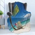 thumbnail image 4 of Seaside Soft Flannel Fleece Throw Blanket, Relaxing Scene on Vacation Beach Palm Tree Chairs and Boats Panoramic Picture, Cozy Plush for Indoor and Outdoor Use, 70" x 90", Green Blue, by Ambesonne, 4 of 5