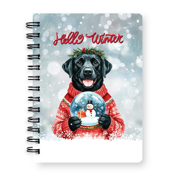 Hello Welcome Winter Labrador Retriever Holding Snow Globe Snowman Spiral Bound Journal Lab Dog Lover Gifts 5x7in Spiral Notebook - 13015