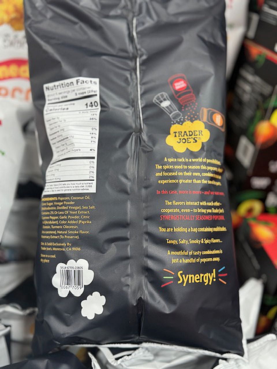 2 x Trader Joe's Synergistically  Seasoned Popcorn (Tangy, Salty, Smoky, Spicy- Cayenne Pepper and Garlic Powder) NET WT 5.5 oz 156g