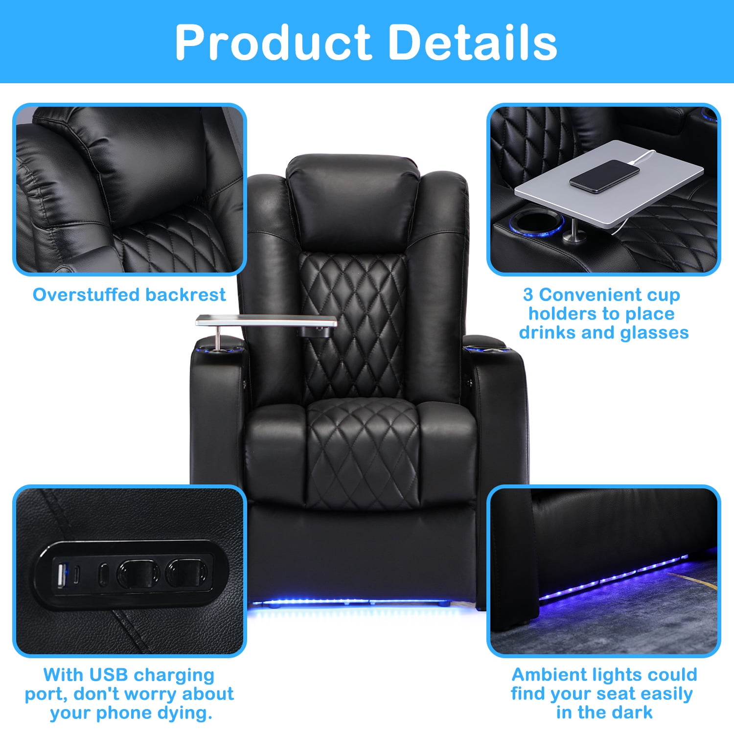 Weilianda Home Theater Seating Top Grain Leather Recliner Chair Dual Power Movie Gaming Sofa Electric Headrest with Tray Table Type-C USB Charge Cup Holders Row of 1 Black