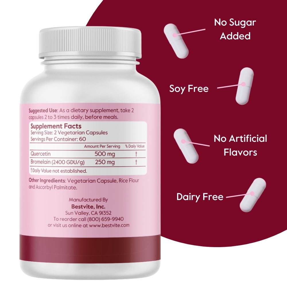 BESTVITE Quercetin with Bromelain 500mg/250mg (120 Vegetarian Capsules) - No Stearates - Vegan - Non GMO - Gluten Free