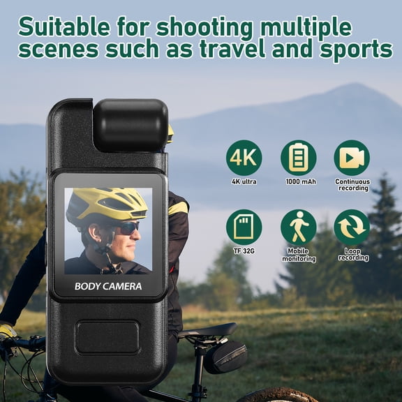 4K 128GB Body Camera, Audio and Video Recording, 180°Rotating Lens, Wearable Portable Bodycam for Outdoor Sports