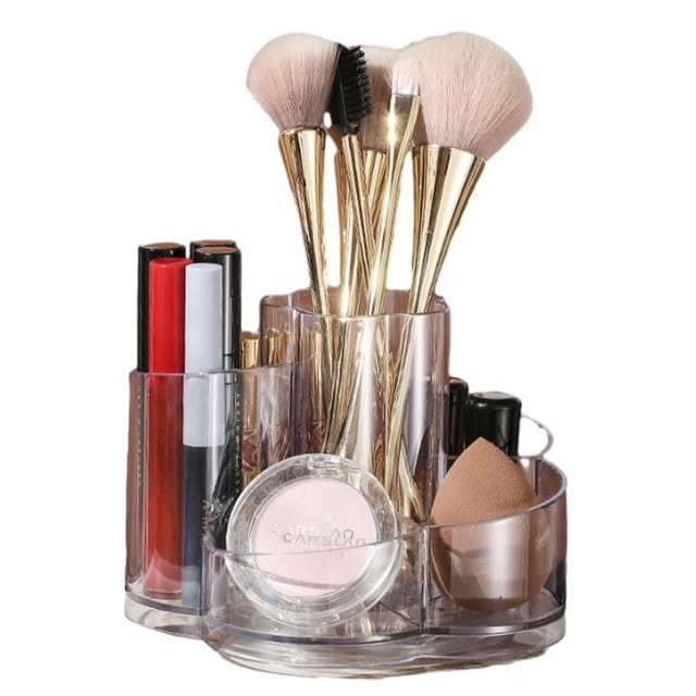 Organizador de maquillaje de acrílico transparente elegante, contenedor de almacenamiento de escritorio multifuncional con rotación de 360 grados para cosméticos, suministros de oficina, diseño