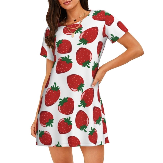 Fotbe Hand Drawn Strawberry Bata de Dormir para Mujer con Estampado, Camisón de Algodón de Manga Corta, Ropa de Dormir Casual