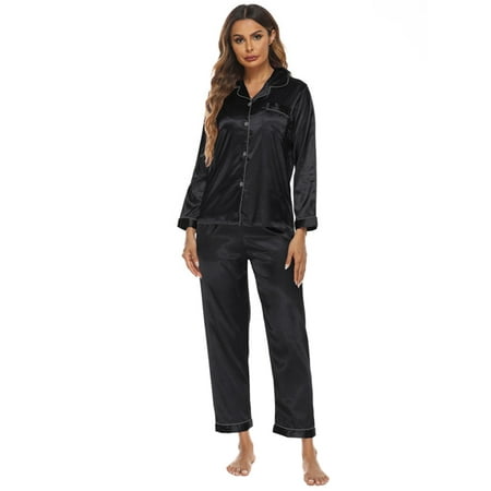 

Women s Classic Satin Pajama Set Sleepwear Loungewear Long Sleeve Sleepwear Womens Button Down Nightwear with Pajamas Bottoms Pants Soft Pj Lounge Sets S-XXL Black