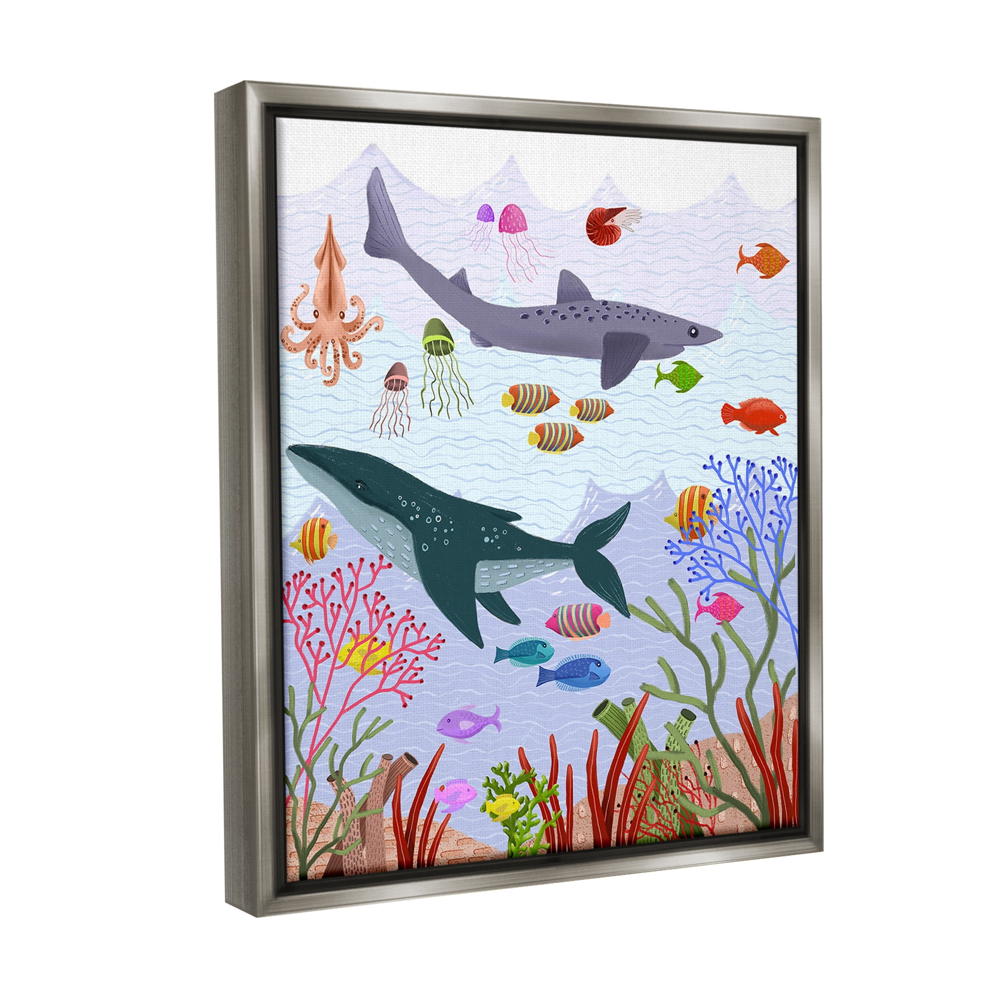 Stupell Industries Underwater Sea Animals Animals & Insects Painting Gray Floater Framed Canvas Art Print Wall Art, 17 x 21