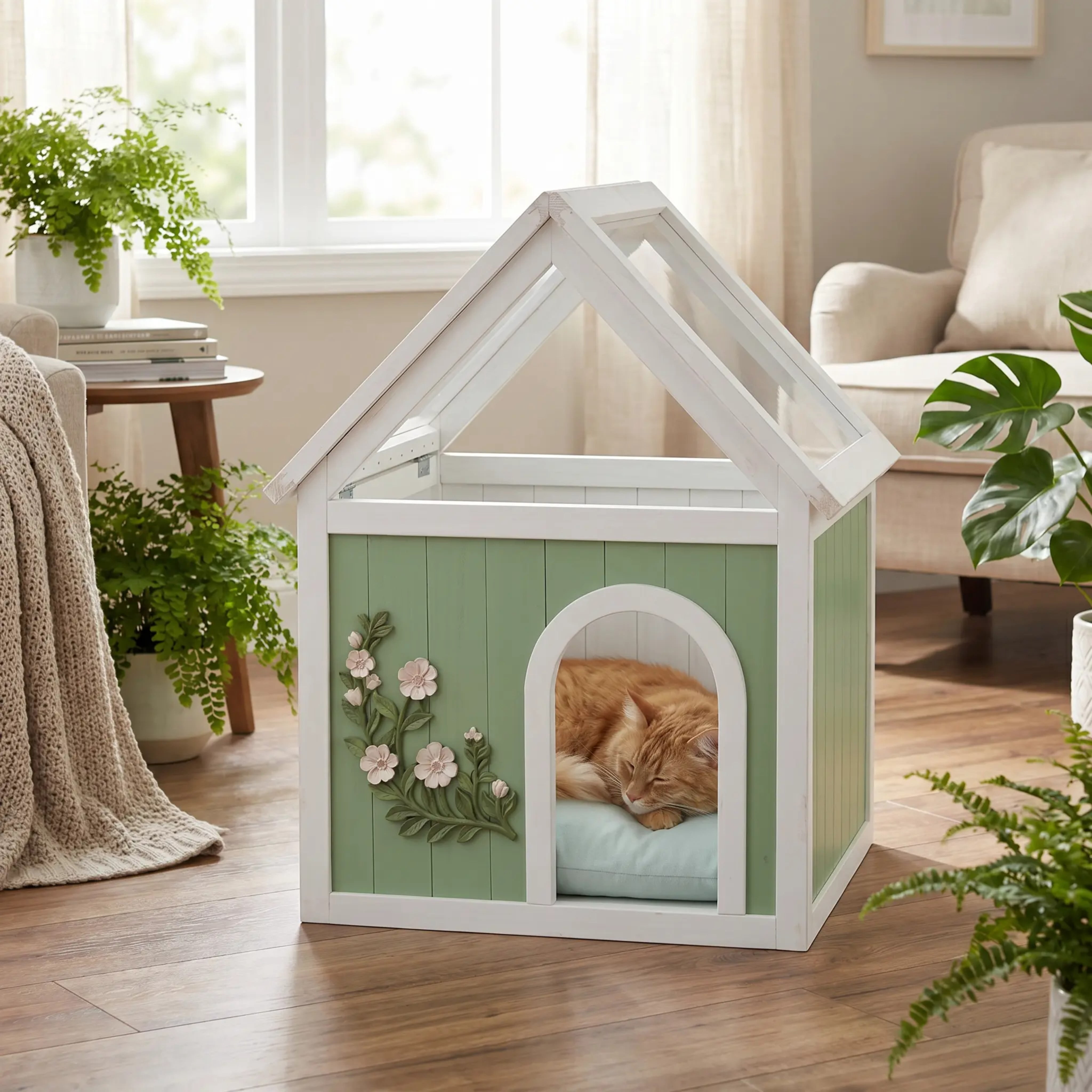 EcoLux FSC-Certified Solid Cedar Indoor Pet House – Acrylic Gabled Roof, Floral Carved Cat Furniture, Luxury Dog House Indoor for Small Dogs & Cats