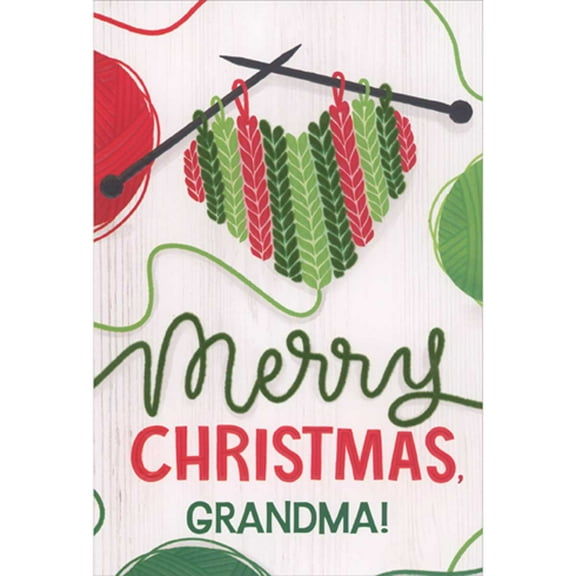 Pictura Green and Red Knit Heart and Knitting Needles Christmas Card for Grandma