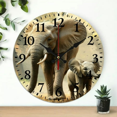 YILUYINQING Elephants Baby Wildlife Round Wooden Wall Clock Wall Decor for Living Room, Silent Mechanical Movement Perfect for Decorating Living Rooms, Kitchens, Dorms, and Everyday
