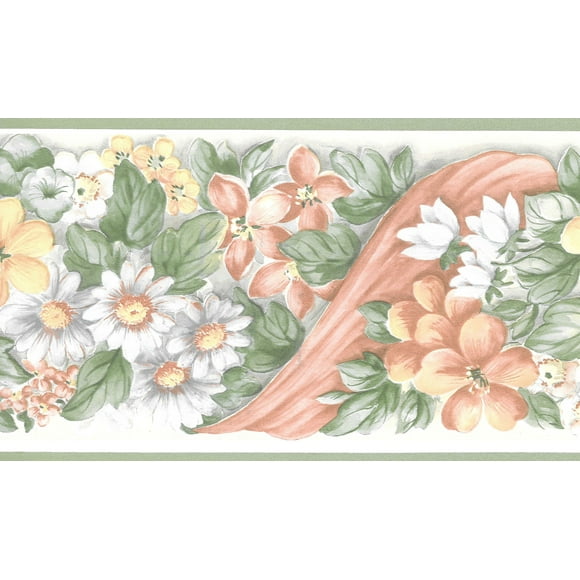 Précollé Papier Peint Frontière - Floral Vert, Blanc, Rose Prairie Fleurs Mur Bord Rétro Design, 15 Pi x 5,2 Po (4.57M x 13.21cm)