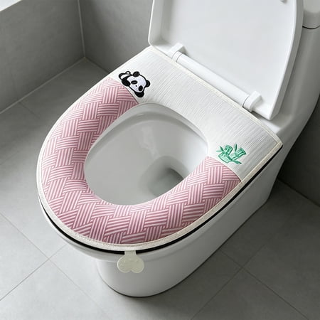 FEOLGEHLY Cute Panda Embroidery Toilet Seat Cover Soft Washable Zipper Toilet Seat Cushion with Carry Handle Waterproof Warm Plush Toilet Seat Pad for Home Bathroom All Seasons Use Pink