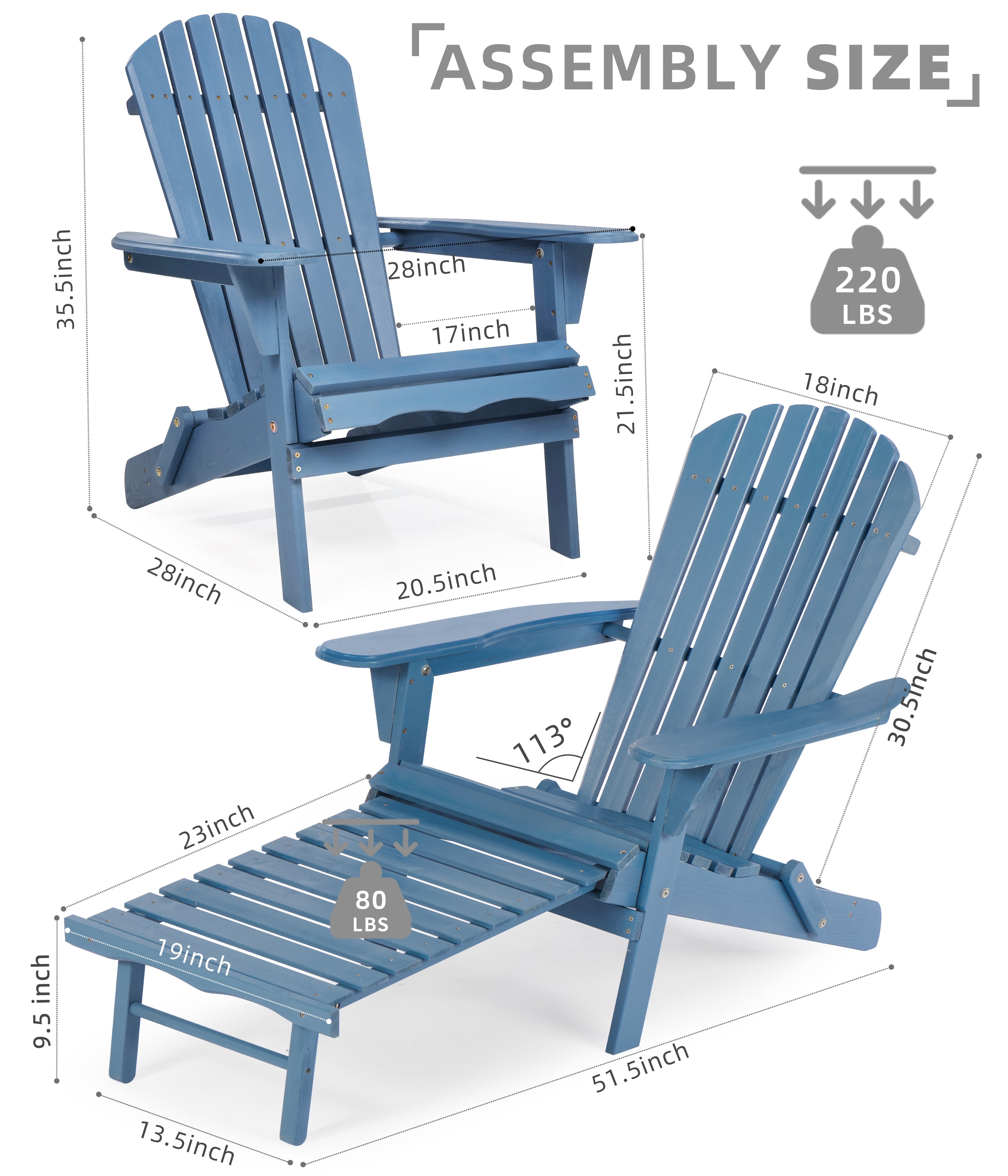 Outdoor Wooden Folding Adirondack Chair with Retractable Ottoman, Pre-Assembled BackRest & SeatBoard, Wood Patio Chair for Garden Backyard Porch Pool Deck Firepit