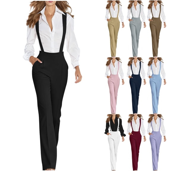 Bloomae Women Office Jumpsuit Dress Pant Business Casual Solid Color Suspenders Straight Leg Suit Pants Elegant Baggy Overall with Pockets White XL