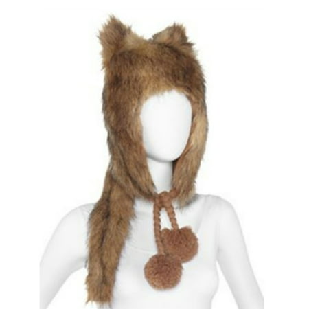 Womens Plush Brown Faux Fur Trapper Hat & Tail Set Aviator Critter Animal