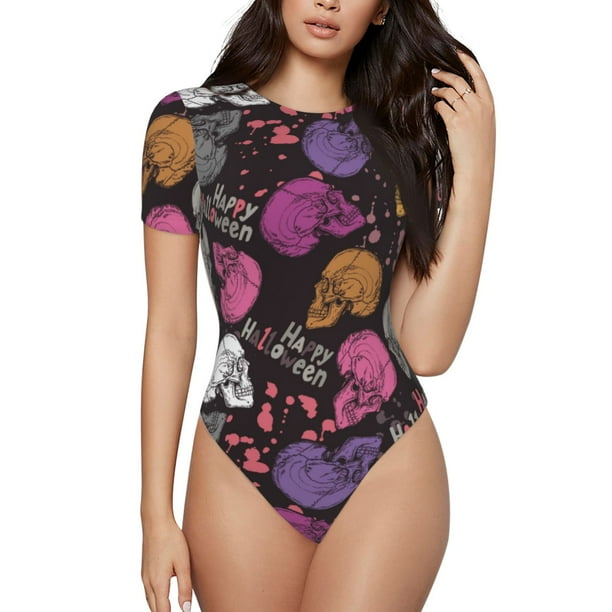 Balery Halloween Skeleton Body de cuello redondo de manga corta para mujer Tops de manga corta Tops básicos-Large