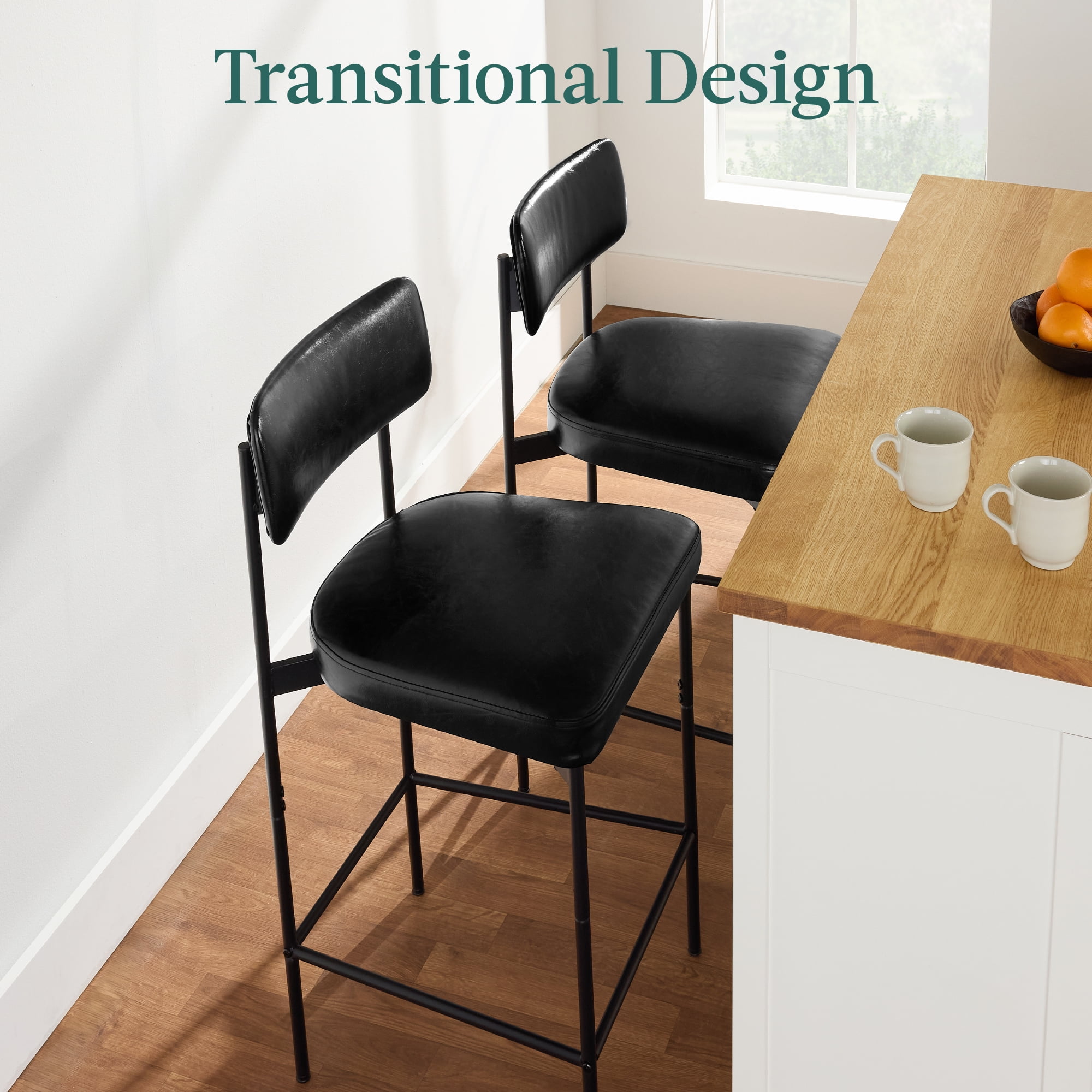 Best Choice Products Set of 2, Armless Counter Height Bar Stools, Modern PU Faux Leather Stools - Midnight Black