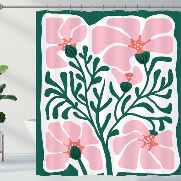 Abstract Floral Shower Curtain Retro Geometric Matisse Flower Shower Curtains with Metal Hooks Boho Cute Pink Green Floral Leaf Bathroom Curtain 72×72 Inch Waterproof Fabric Bath Curtain for Bathroom