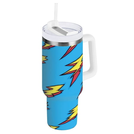 

40oz Travel Mug with Straw Car Bottle Insulated Mug with Handle Reusable Stainless Steel Water Bottle for Car Travel Home Yellow Lightning on Blue