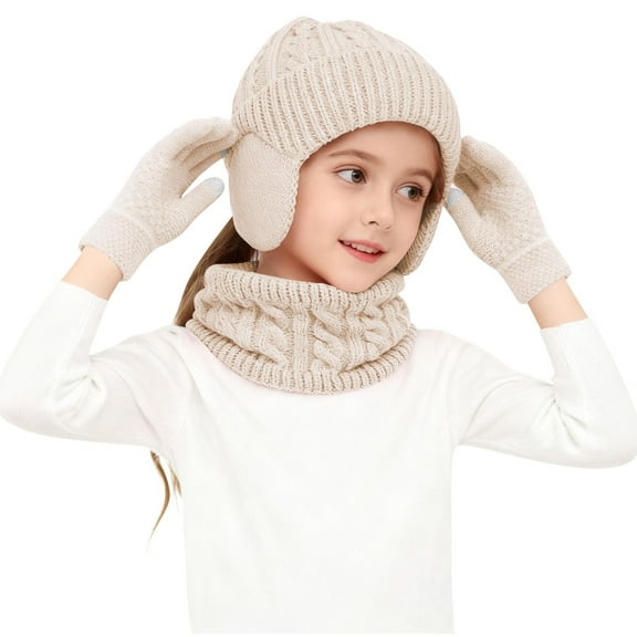 Lilgiuy Kids Beanie Hat Scarf Gloves Set 2-18 Years, Winter Warm Knit Hat with Earmuffs Neck Fleece Lined Touchscreen Gloves Christmas Birthday Gifts for Boys Girls, Beige