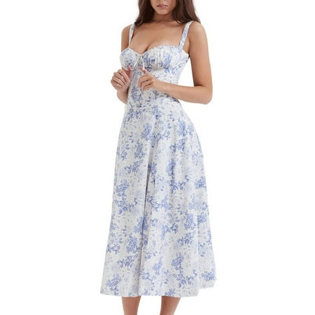 Datmelove Women Spaghetti Strap Midi Dress Corset Sleeveless Square Neck Dress Floral Split Cottagecore Dress