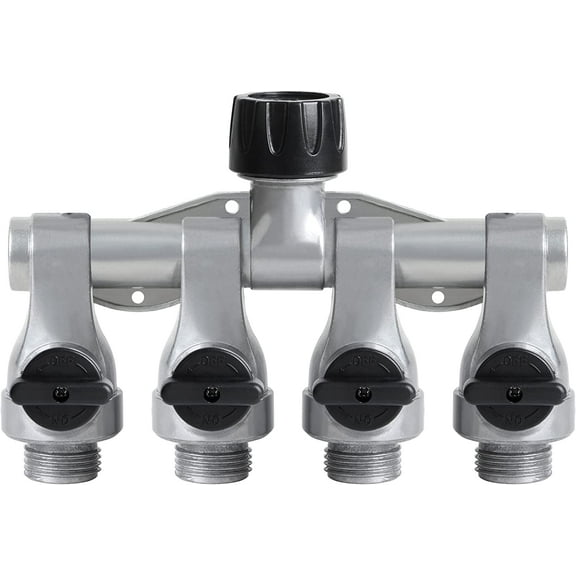 STYDDI Full Flow 4-Way Garden Hose Splitter, Metal High-Flow Four Way Shutoff Garden Hose Splitter, Professional Water Hose Manifold, High Flow Outdoor Spigot 4 Splitter with Cap Type Valve