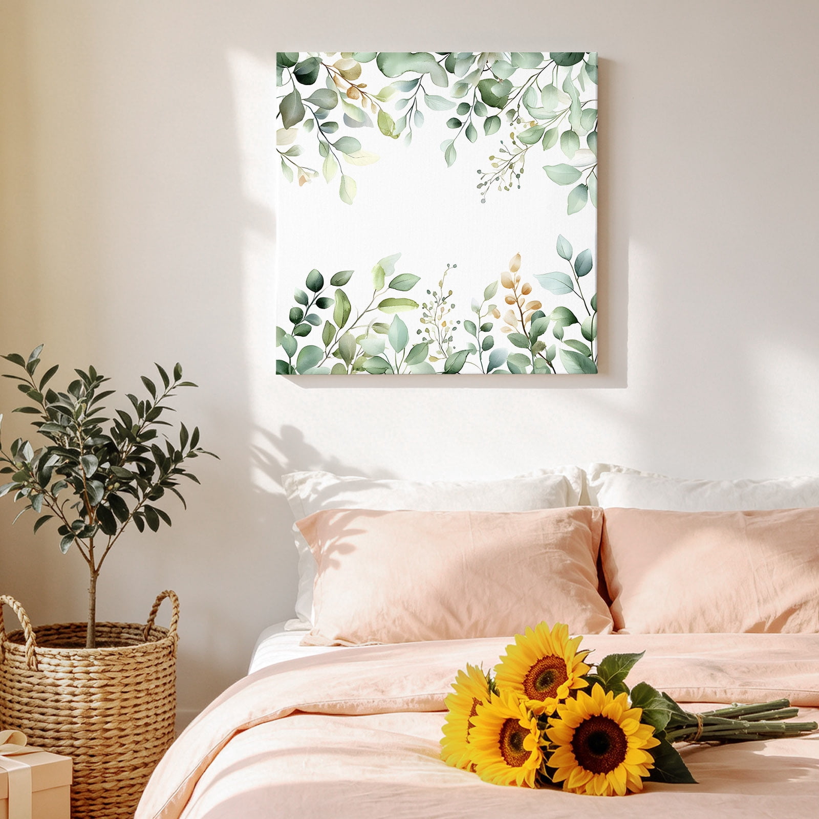Sage Green Canvas Wall Art for Living Room, Eucalyptus Leaf Watercolor Plants Farmhouse Poster Print Painting for Bedroom Office Home Decoration Wall Pictures Prepare To Hang 16"x16"