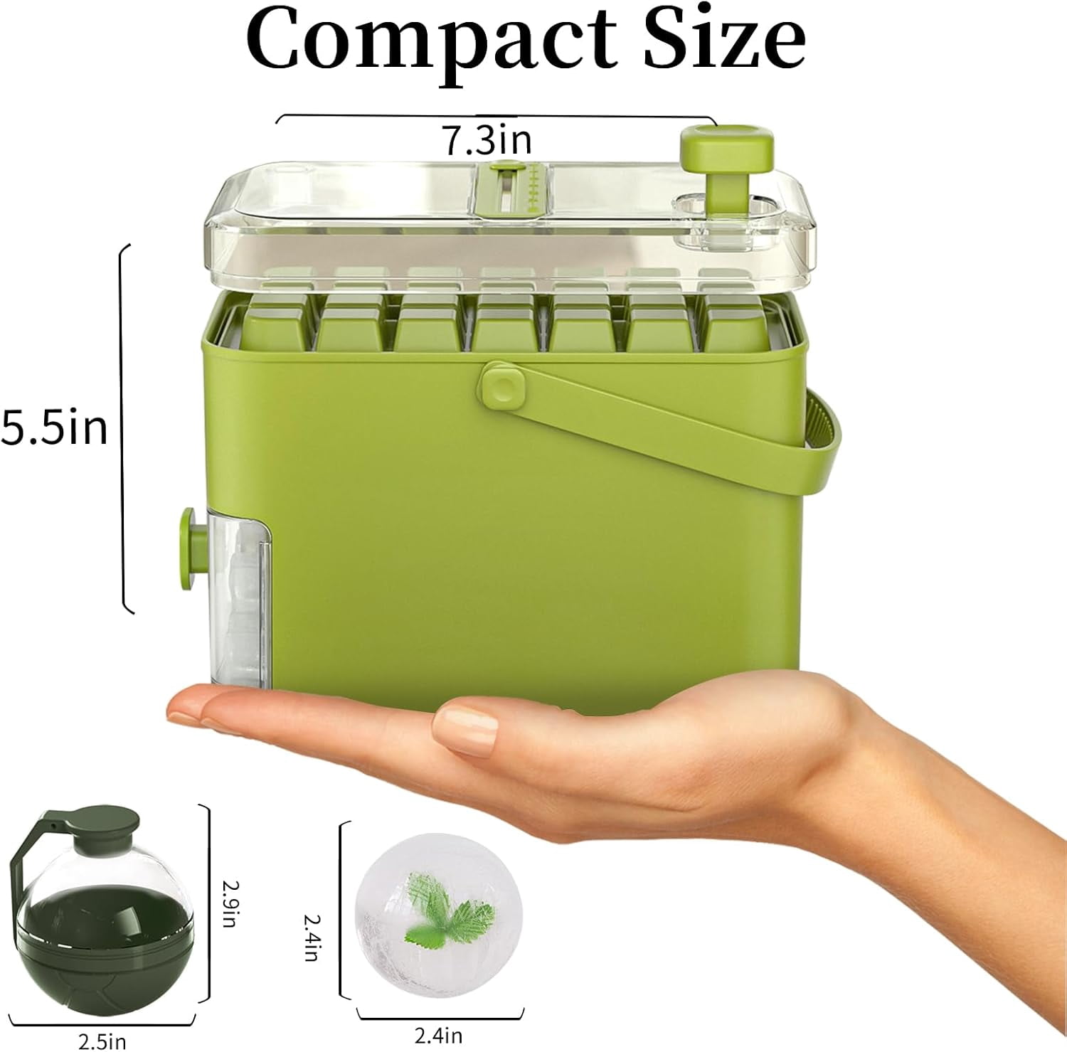 Compact Double Layer Ice Cube Tray with Lid and Bin, One-Click Demolding, Pull-Out Ice Drawer with Portable Handle, Includes 2 Large Ice Ball Molds (Green)