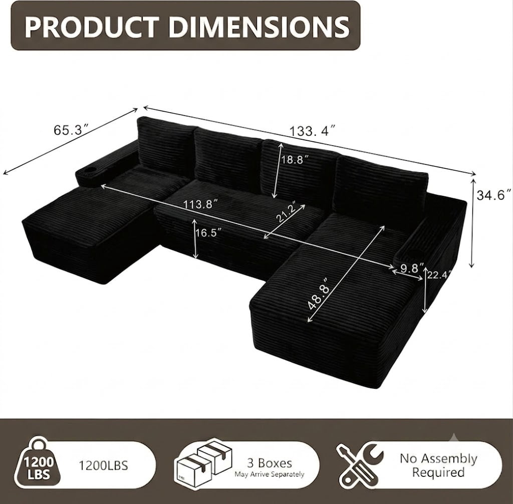 Howcool 133" U-Shaped Modular Cloud Couch Sectional Sofa, Oversized Deep Seat Corduroy Couch with Chaise, Boneless Memory Foam Sofa with Cup Holders & Side Pockets, No Assembly Required,Black
