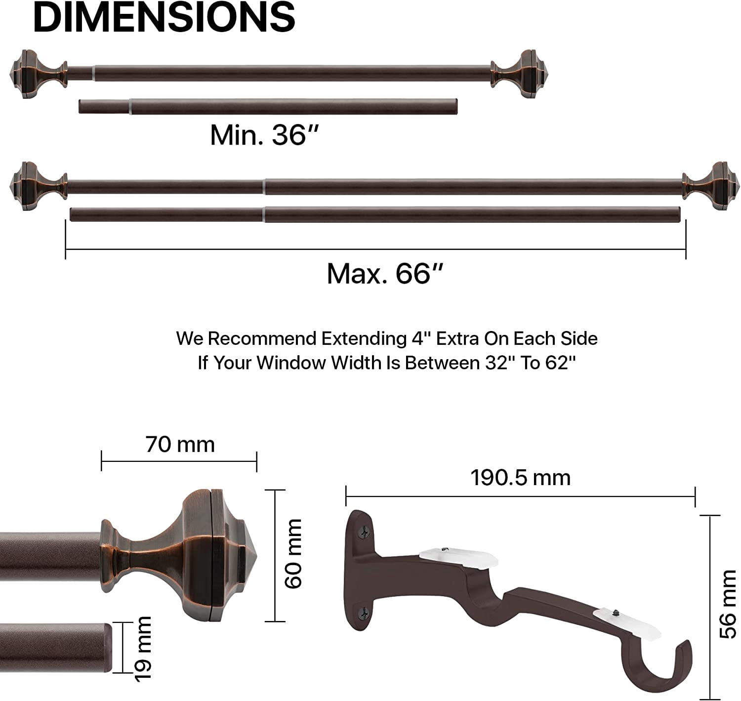 Deco Window 1 Pc 36 -66 Extendable Double Curtain Rod for Windows With Hexagon Finials (19mm Diameter, Brown)