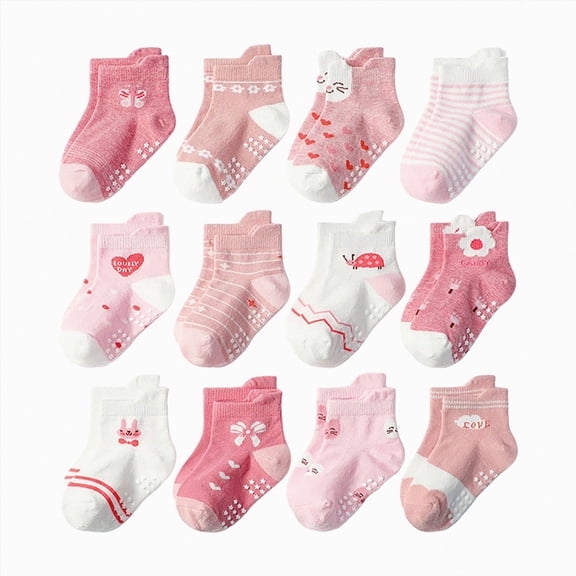 CAUYDY Little Baby Girls 12PC Socks Set 0 3 6 9 12 Months Newborn Cute Cartoon Print Ankle Socks Non-Slip Fall Winter Sizes 0-1 Years